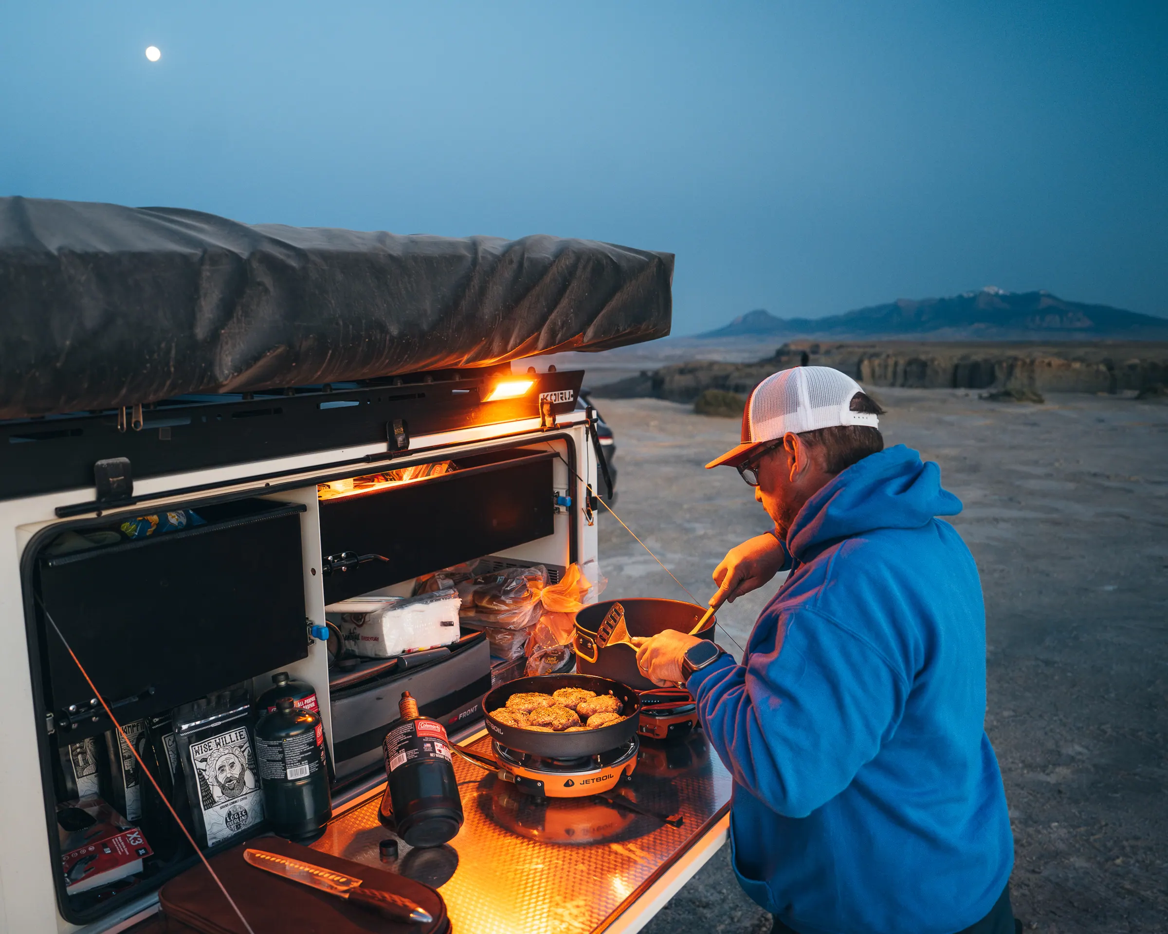 Cooking at camp at dusk